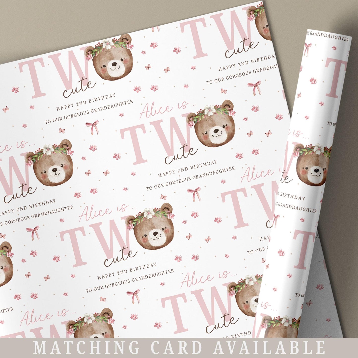Girl's 2nd Birthday Gift Wrapping Paper, Personalised Second Birthday Gift Wrap for Daughter, Granddaughter, Niece, Pink Teddy Bear Two Cute