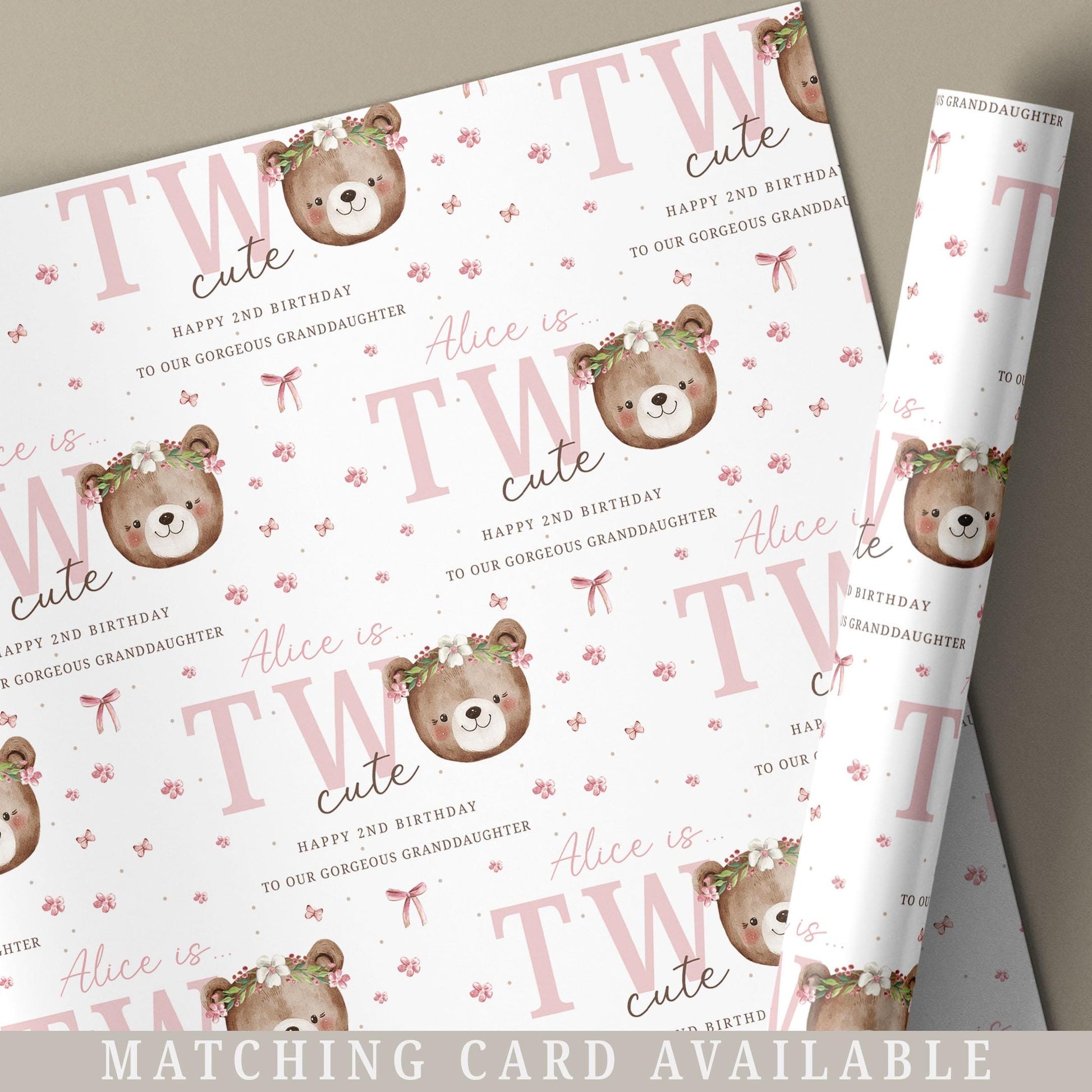 Girl's 2nd Birthday Gift Wrapping Paper, Personalised Second Birthday Gift Wrap for Daughter, Granddaughter, Niece, Pink Teddy Bear Two Cute