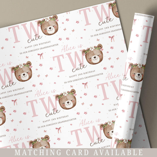 Girl's 2nd Birthday Gift Wrapping Paper, Personalised Second Birthday Gift Wrap for Daughter, Granddaughter, Niece, Pink Teddy Bear Two Cute
