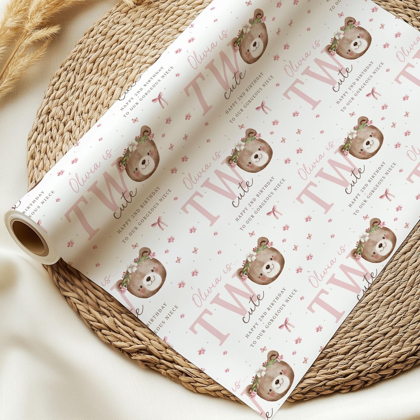 Girl's 2nd Birthday Gift Wrapping Paper, Personalised Second Birthday Gift Wrap for Daughter, Granddaughter, Niece, Pink Teddy Bear Two Cute