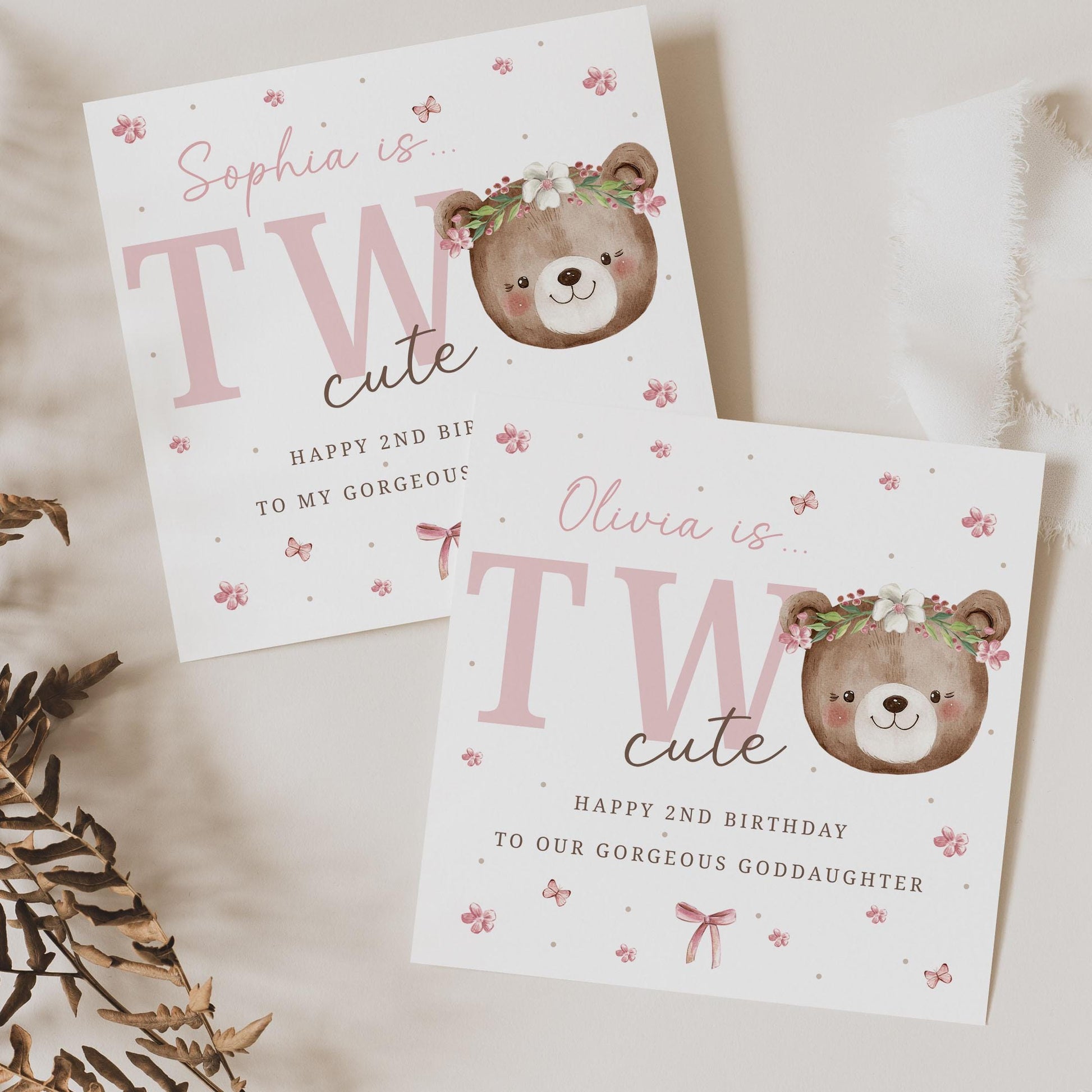 Girl's 2nd Birthday Gift Wrapping Paper, Personalised Second Birthday Gift Wrap for Daughter, Granddaughter, Niece, Pink Teddy Bear Two Cute