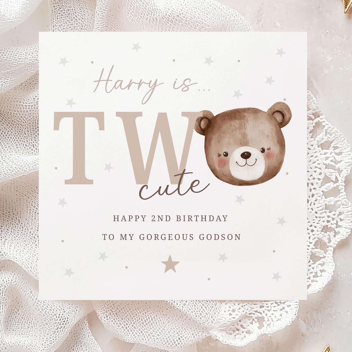 Second Birthday Card, Personalised 2nd Birthday Card for Son, Grandson, Great Grandson, Nephew, Godson, Boys, Teddy Bear Two Cute Card