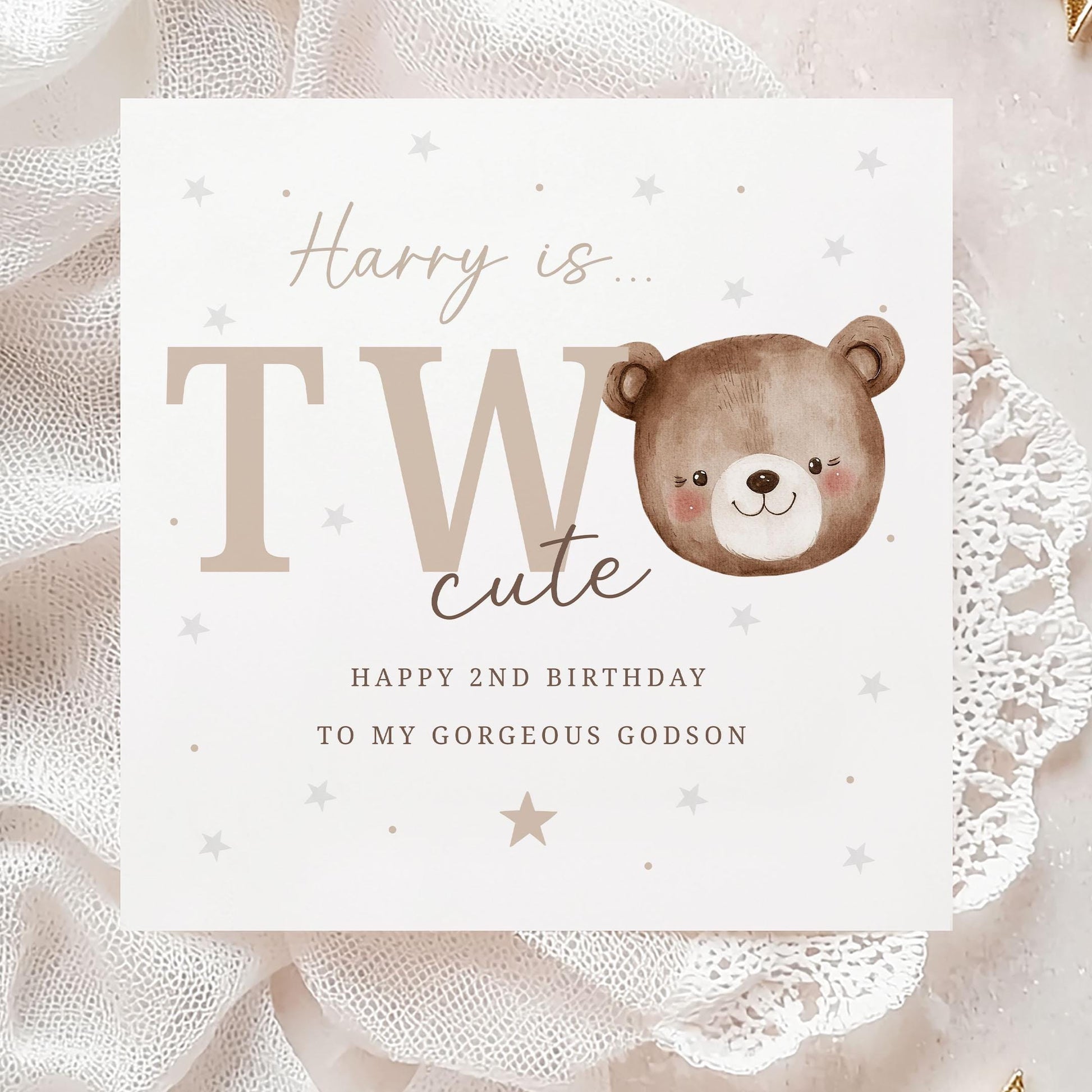 Second Birthday Gift Wrapping Paper, Personalised 2nd Birthday Gift Wrap & Card for Son, Grandson, Nephew, Godson, Boys, Teddy Bear Two Cute
