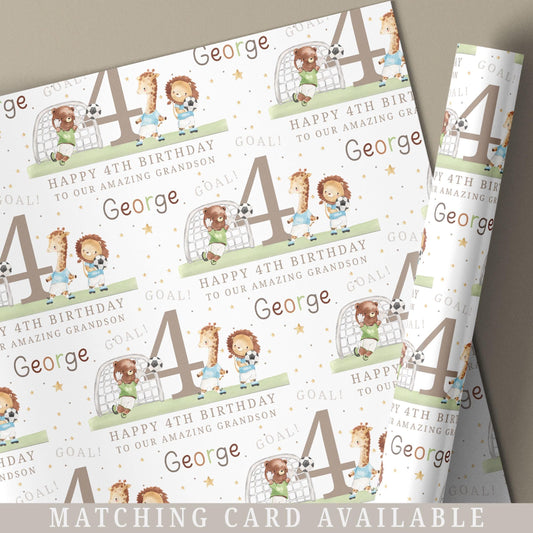 Boy's Birthday Gift Wrapping Paper, Personalised 2nd, 3rd, 4th Football Birthday Gift Wrap & Card for Son, Grandson, Nephew, Lion Giraffe