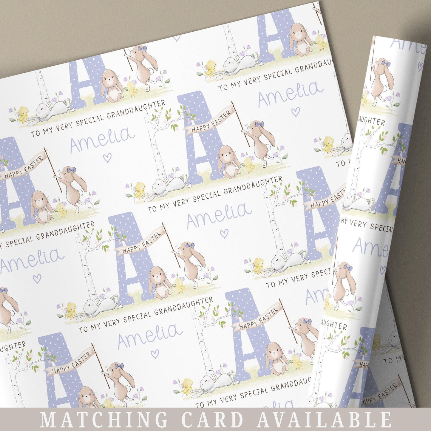 Easter Gift Wrapping Paper for Girls, Personalised Easter Gift Wrap for Daughter, Granddaughter, Niece, Happy Easter Cute Bunnies Gift Wrap