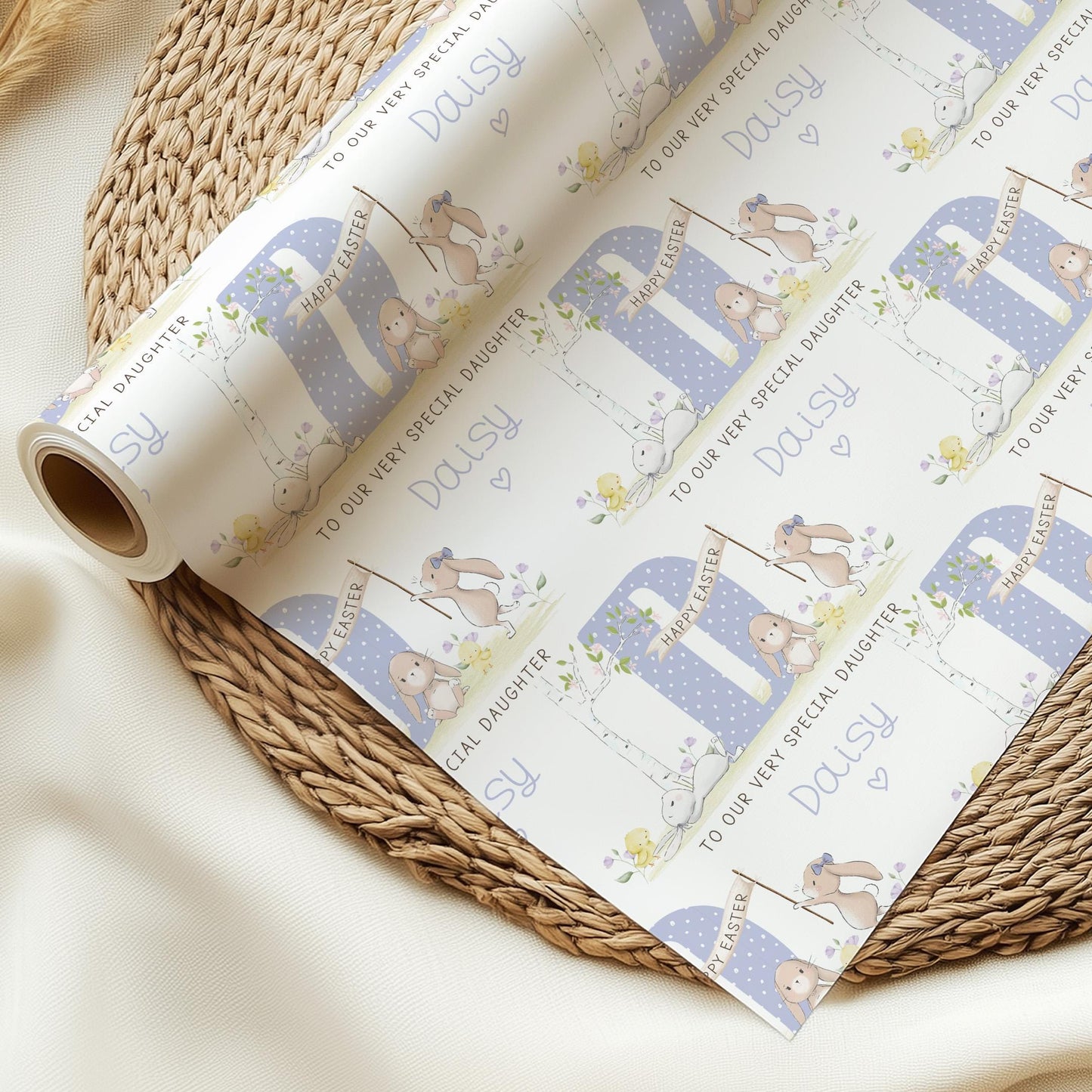 Easter Gift Wrapping Paper for Girls, Personalised Easter Gift Wrap for Daughter, Granddaughter, Niece, Happy Easter Cute Bunnies Gift Wrap