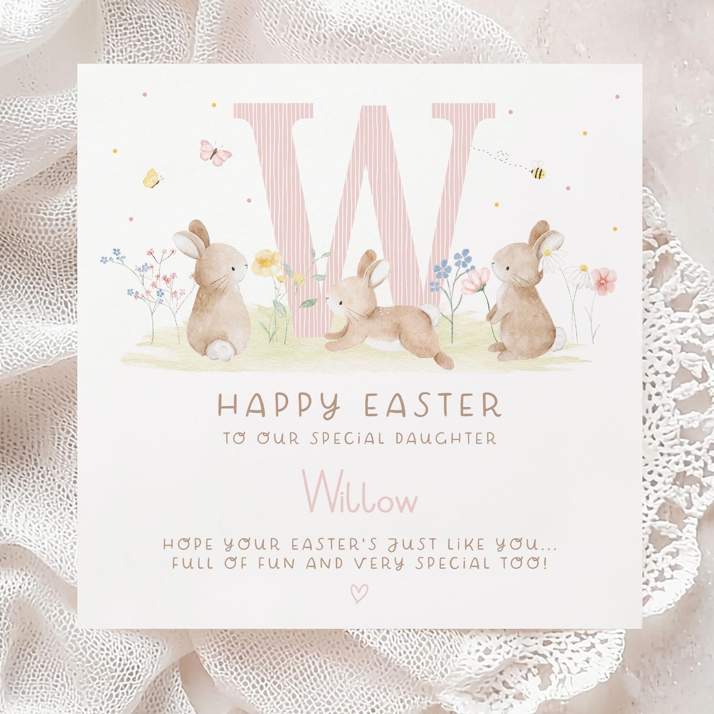 Girl's Easter Card, Personalised Happy Easter Card for Daughter, Granddaughter, Great Granddaughter, Niece, Great Niece, Easter Bunny Card