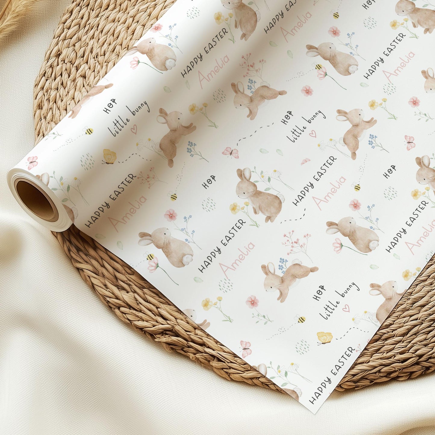 Girl's Easter Gift Wrapping Paper, Personalised Easter Gift Wrap for Daughter, Granddaughter, Niece, Happy Easter Gift Wrap, Cute Bunny Wrap