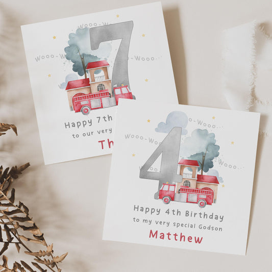 Fire Engine Birthday Card, Personalised 2nd Birthday Card, 3rd, 4th, 5th Any Age Birthday Card for Son, Grandson, Godson, Nephew, Brother