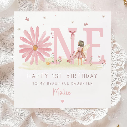 Personalised 1st Birthday Card, Pink Daisy First Birthday Card for Daughter, Granddaughter, Great Granddaughter, Sister, Niece, Little Girl