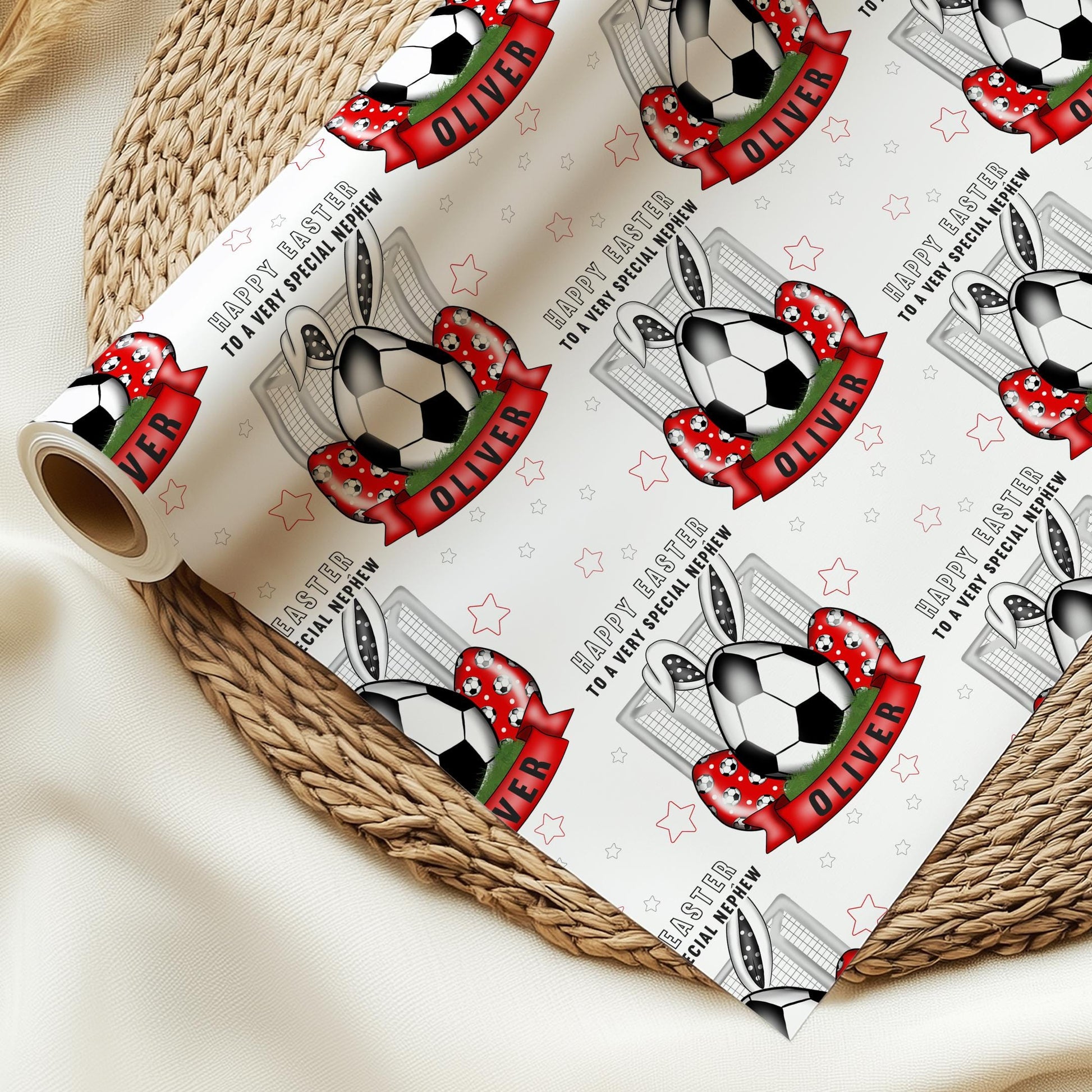 Football Easter Gift Wrapping Paper, Personalised Football Easter Gift Wrap for Boys and Girls, Happy Easter Football Bunny Gift Wrap & Card
