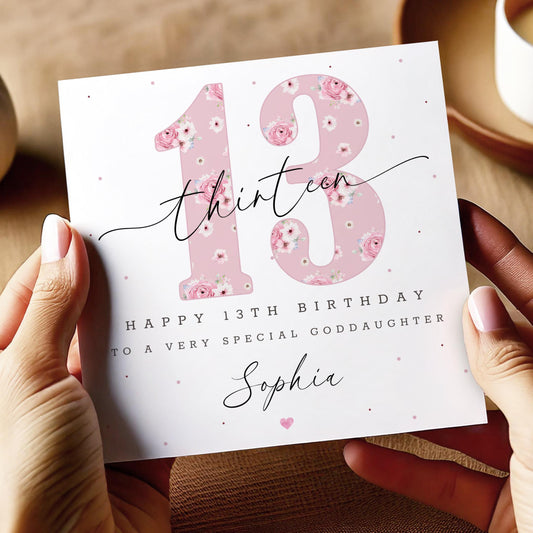13th Birthday Card for Girls, Personalised Pink Happy 13th Birthday Card for Daughter, Granddaughter, Sister, Niece, Official Teenager