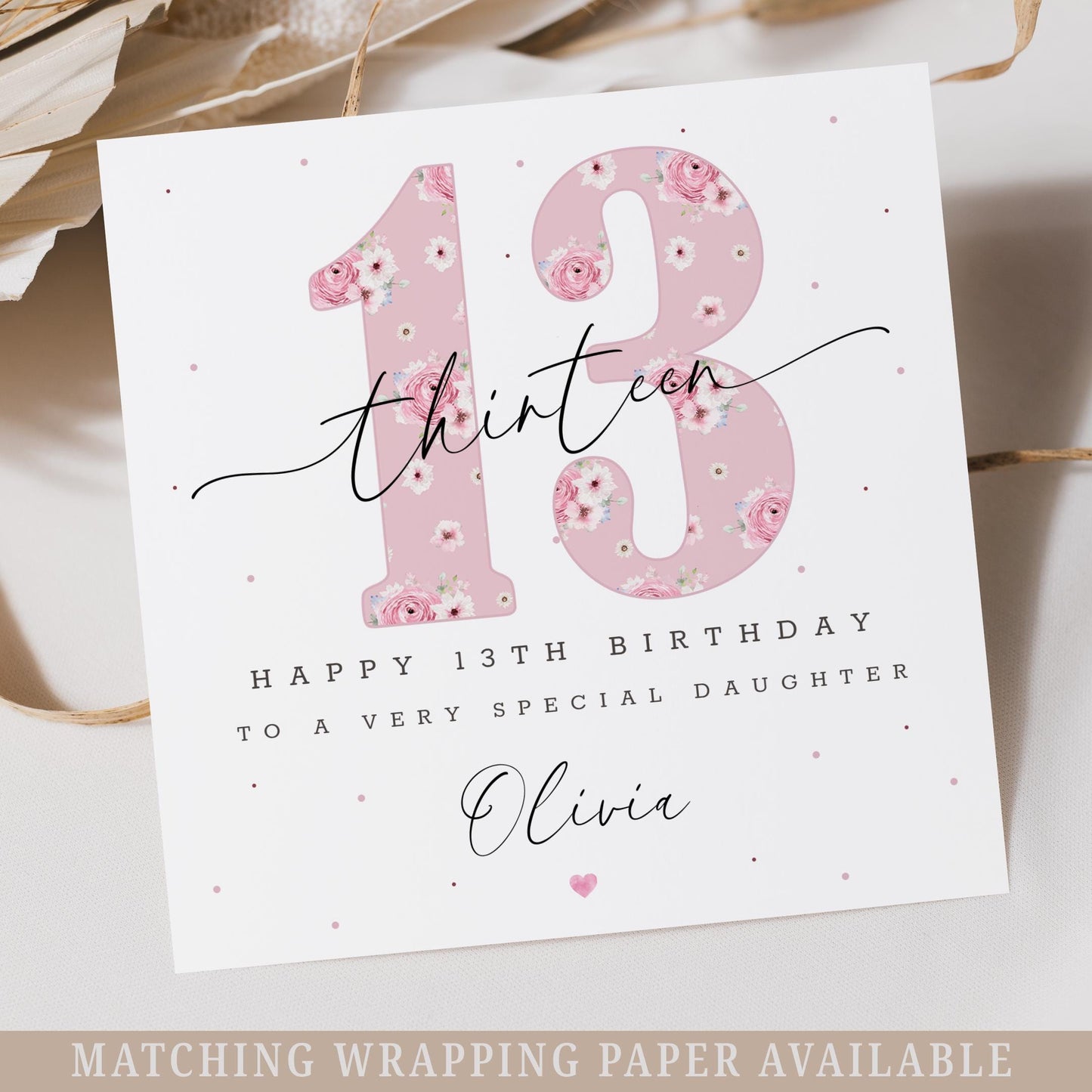 13th Birthday Card for Girls, Personalised Pink Happy 13th Birthday Card for Daughter, Granddaughter, Sister, Niece, Official Teenager