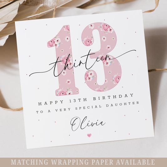13th Birthday Card for Girls, Personalised Pink Happy 13th Birthday Card for Daughter, Granddaughter, Sister, Niece, Official Teenager