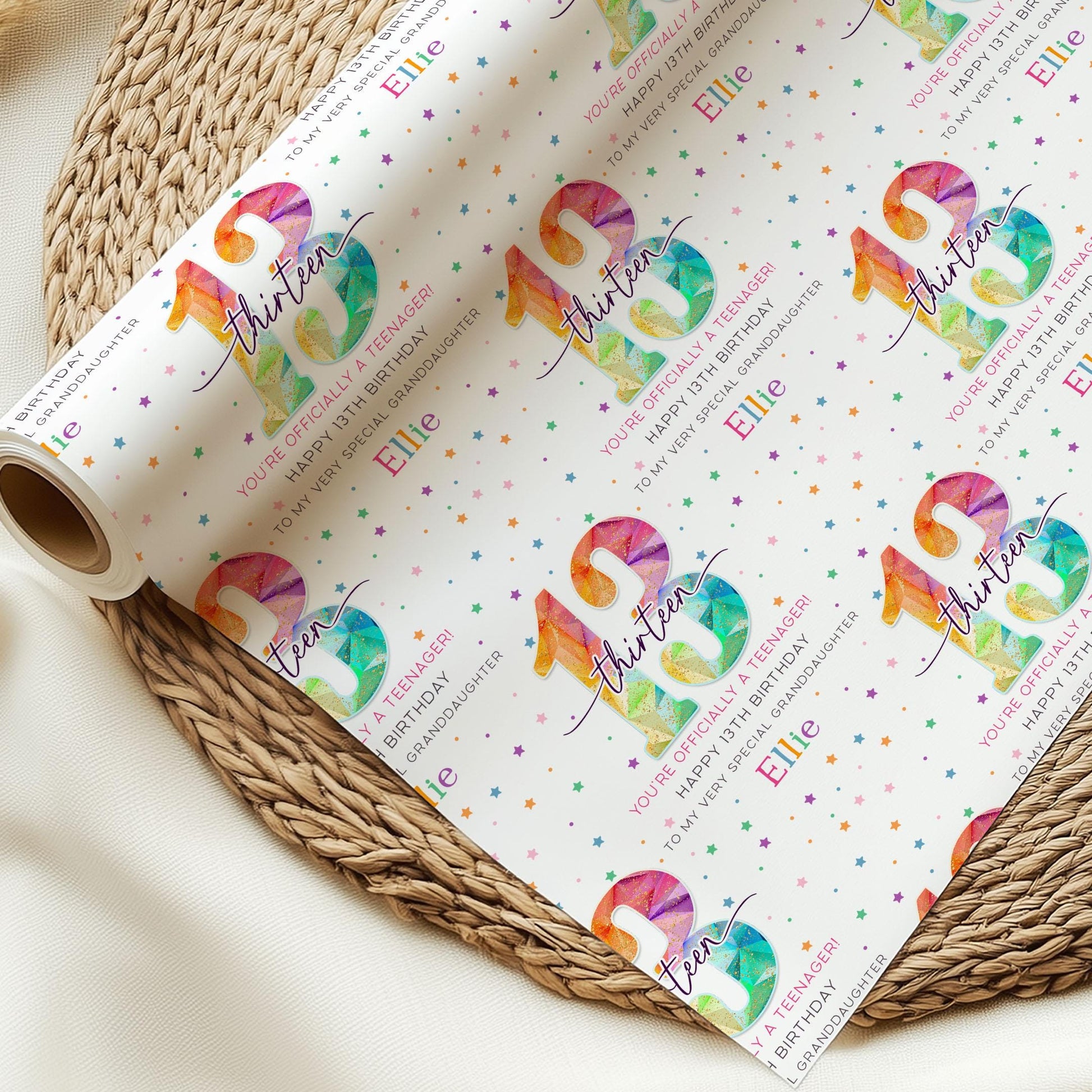 13th Birthday Gift Wrapping Paper for Her, Personalised Happy 13th Birthday Gift Wrap for Daughter, Granddaughter, Niece, Sister, Teenager
