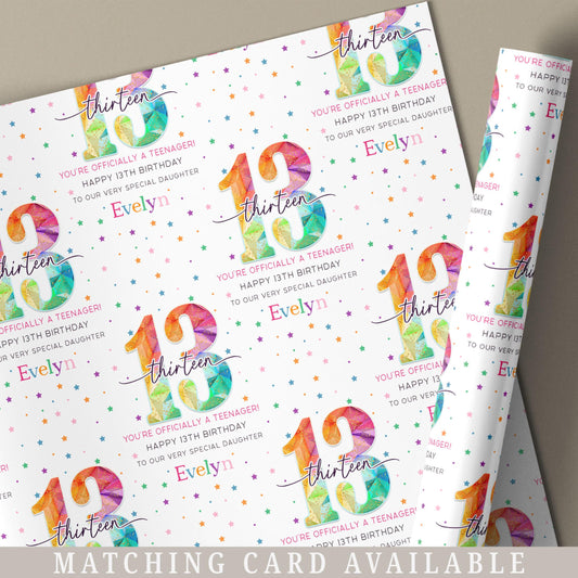13th Birthday Gift Wrapping Paper for Her, Personalised Happy 13th Birthday Gift Wrap for Daughter, Granddaughter, Niece, Sister, Teenager