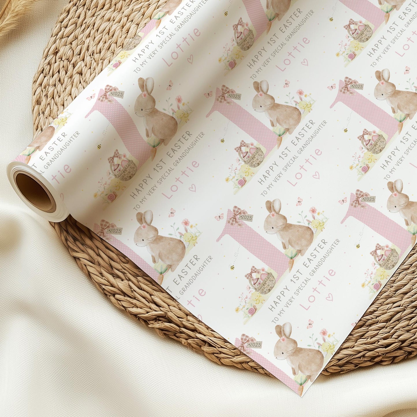 Girl's 1st Easter Gift Wrapping Paper, Personalised for Daughter, Granddaughter, Niece, Girls, Happy First Easter Gift Wrap, Cute Bunny Wrap