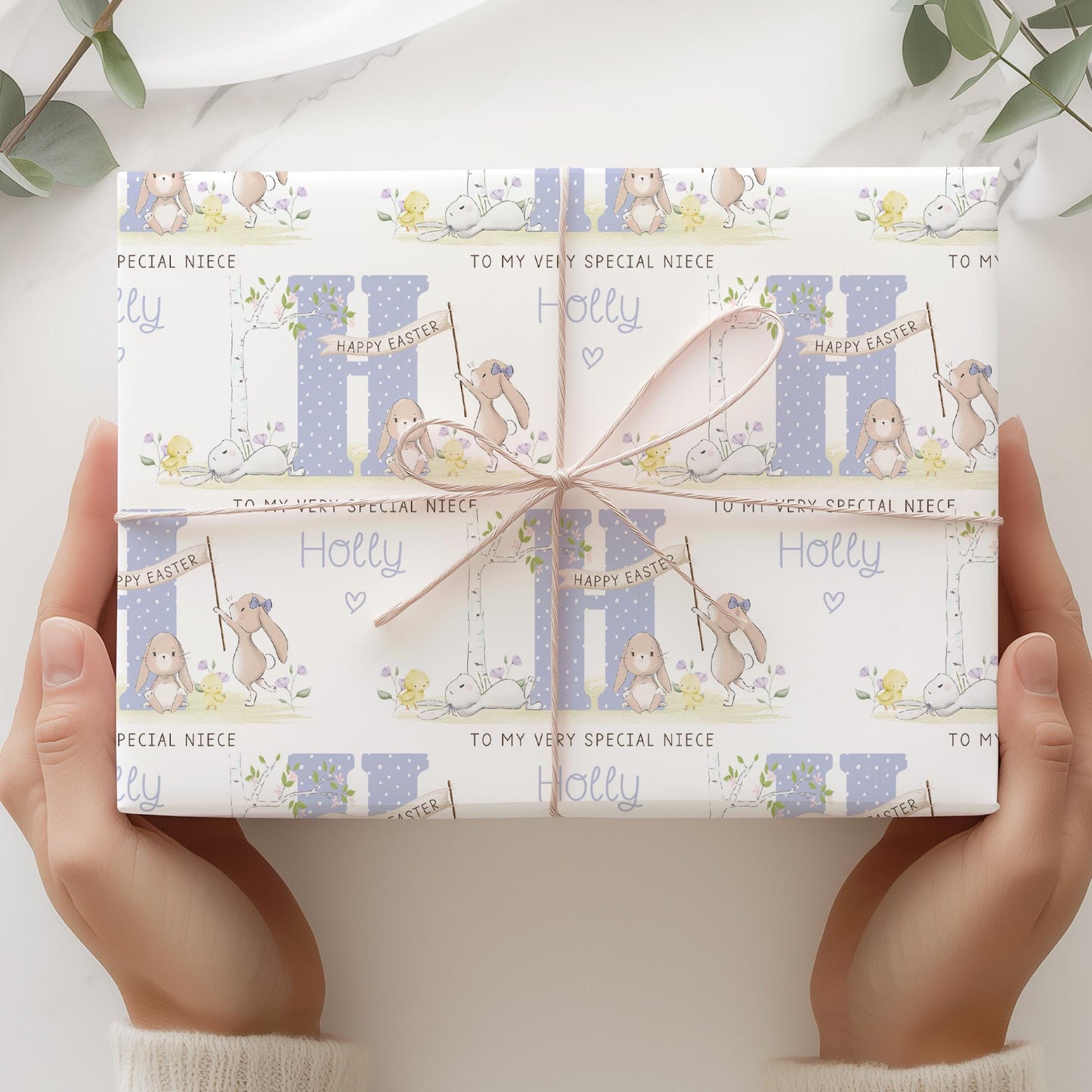 Easter Gift Wrapping Paper for Girls, Personalised Easter Gift Wrap for Daughter, Granddaughter, Niece, Happy Easter Cute Bunnies Gift Wrap