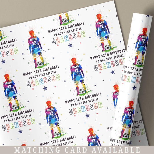 Football Birthday Gift Wrapping Paper, Personalised Any Age Soccer Birthday Gift Wrap & Card for Son, Grandson, Great Grandson, Nephew, Boys