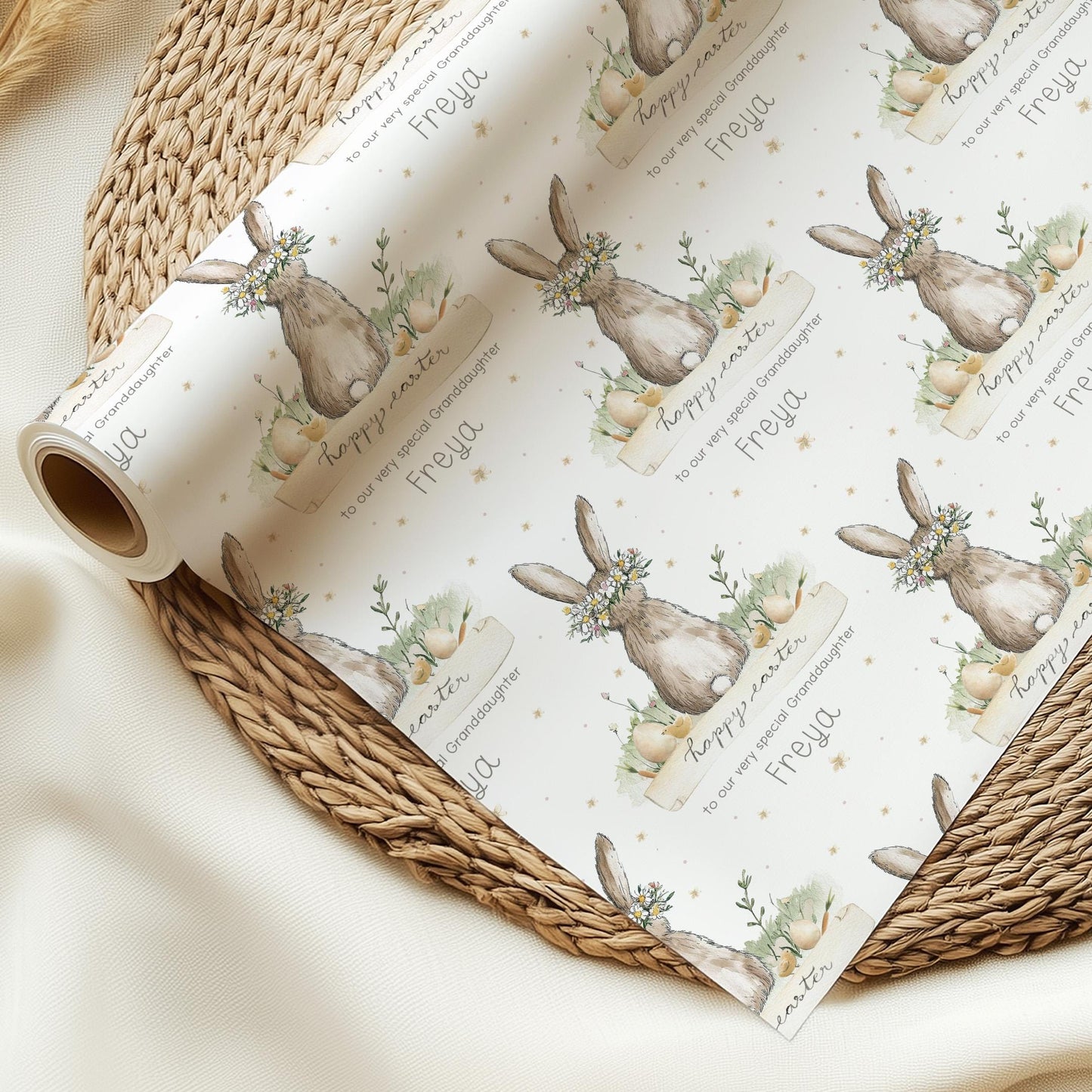 Easter Gift Wrapping Paper Girls, Personalised Cute Bunny Easter Gift Wrap for Daughter, Granddaughter, Niece, Happy Easter Gift Wrap