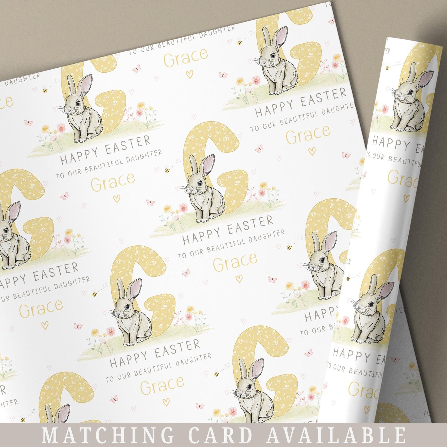 Easter Gift Wrapping Paper for Girls, Personalised Easter Rabbit Gift Wrap for Daughter, Granddaughter, Niece, Happy Easter Bunny Gift Wrap