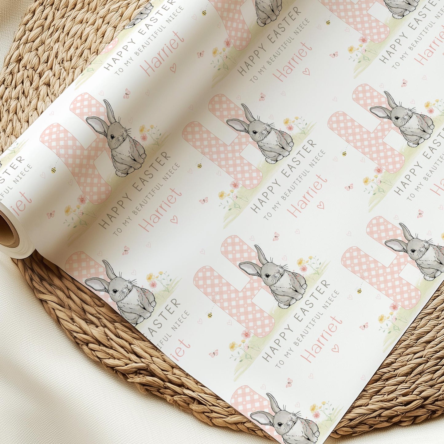 Easter Gift Wrapping Paper for Girls, Personalised Easter Rabbit Gift Wrap for Daughter, Granddaughter, Niece, Happy Easter Bunny Gift Wrap