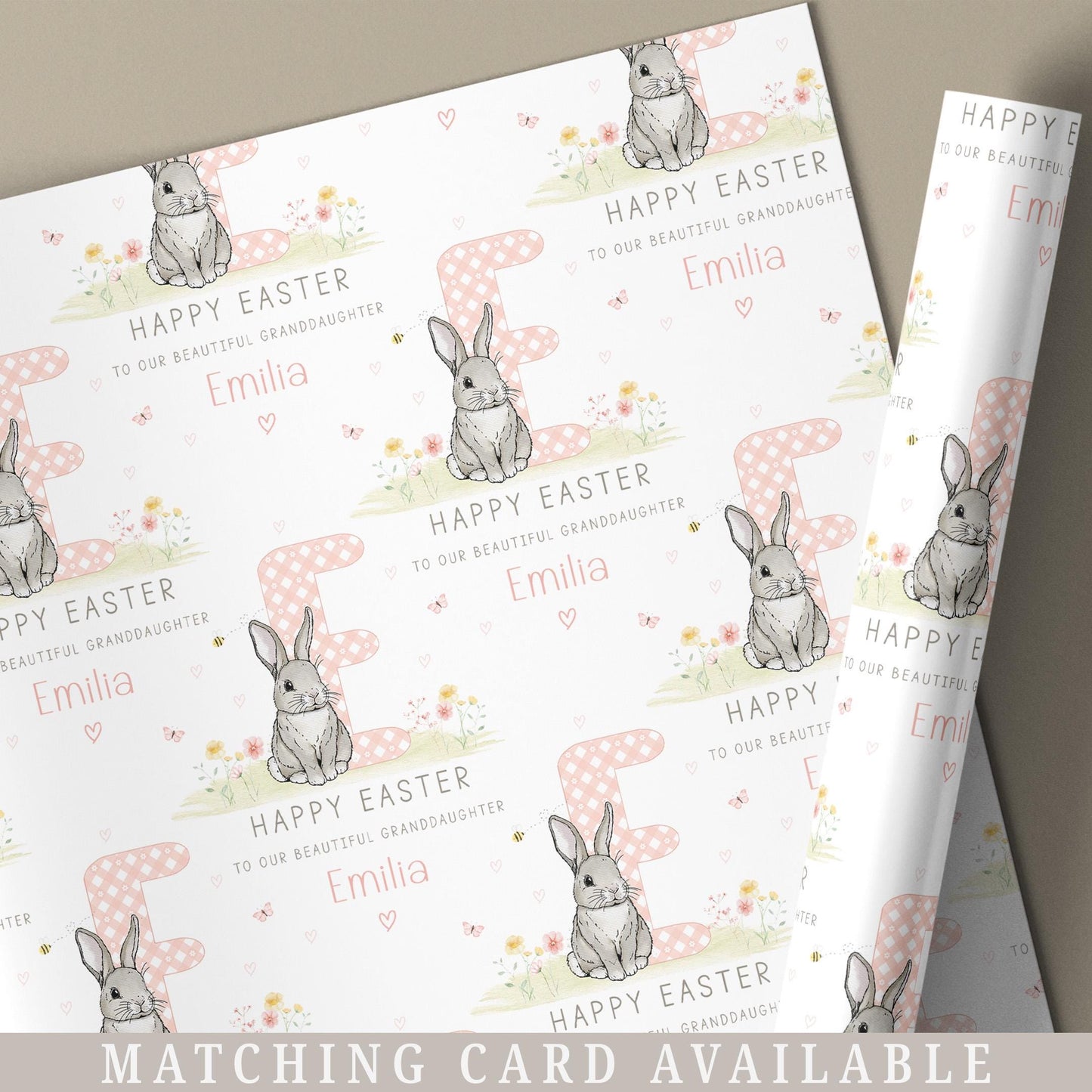 Easter Gift Wrapping Paper for Girls, Personalised Easter Rabbit Gift Wrap for Daughter, Granddaughter, Niece, Happy Easter Bunny Gift Wrap