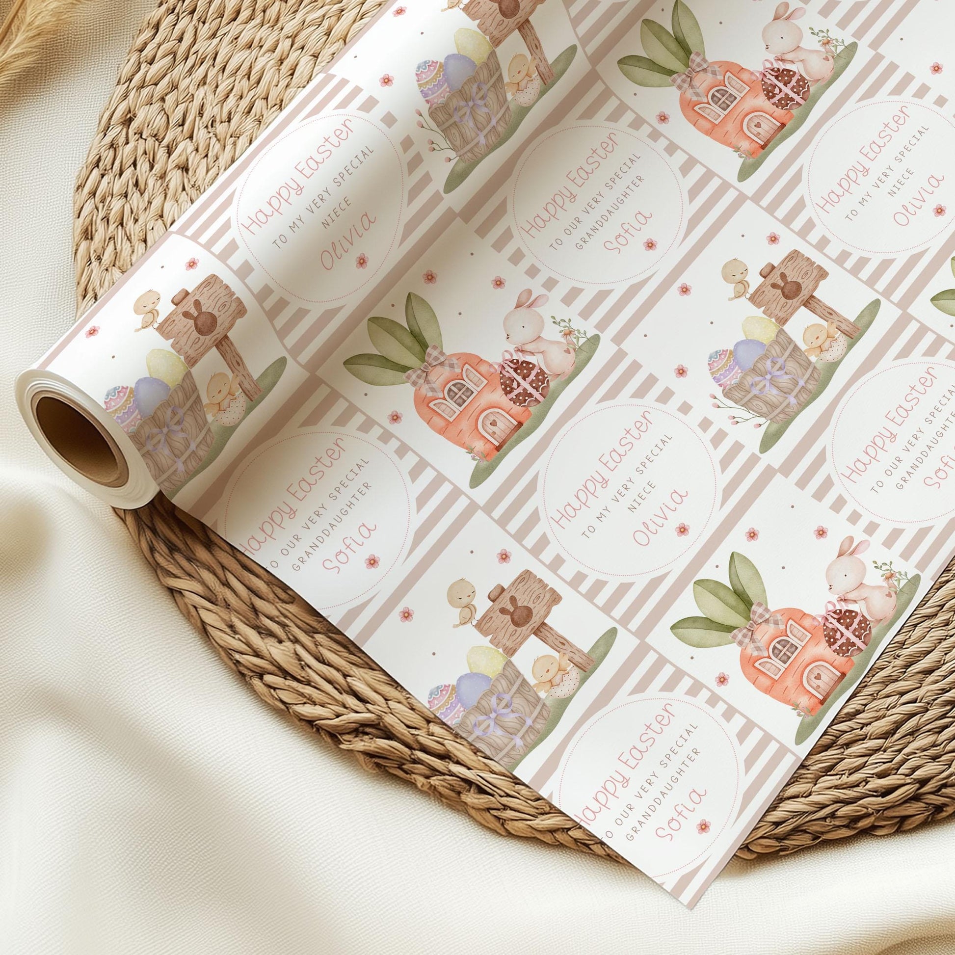 Girl's Easter Gift Wrapping Paper, Personalised Easter Gift Wrap for Daughter, Granddaughter, Niece, Happy Easter Gift Wrap, Cute Bunny Wrap
