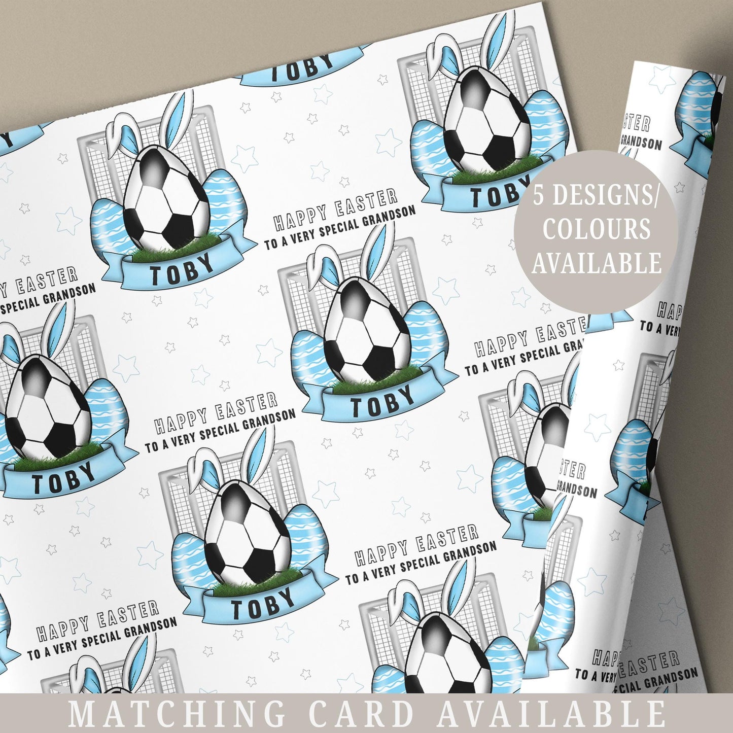 Football Easter Gift Wrapping Paper, Personalised Football Easter Gift Wrap for Boys and Girls, Happy Easter Football Bunny Gift Wrap & Card