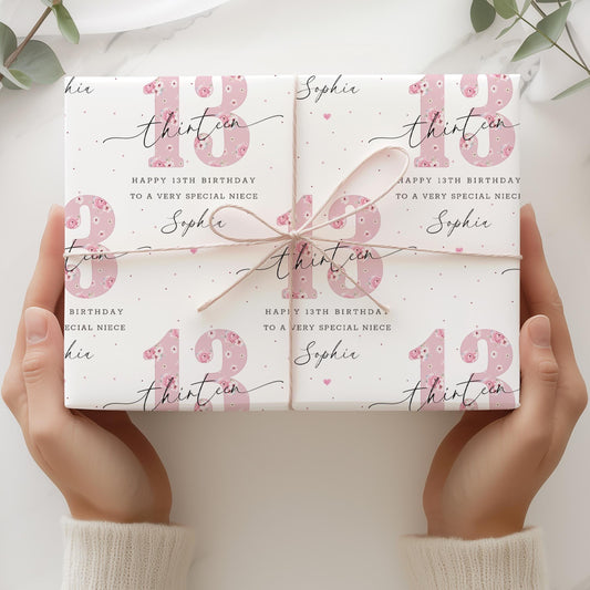 13th Birthday Gift Wrapping Paper for Her, Personalised Happy 13th Birthday Gift Wrap for Daughter, Granddaughter, Niece, Sister, Teenager