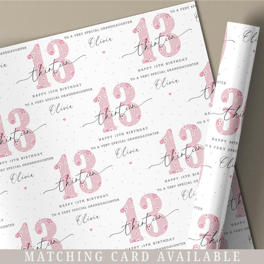 13th Birthday Gift Wrapping Paper for Her, Personalised Happy 13th Birthday Gift Wrap for Daughter, Granddaughter, Niece, Sister, Teenager