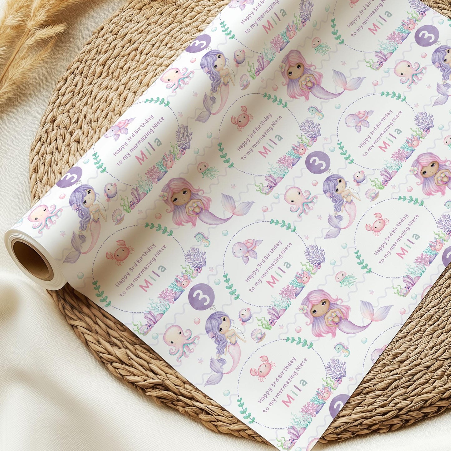 Mermaid Birthday Gift Wrapping Paper, Personalised Mermazing 2nd 3rd 4th Any Age Birthday Gift Wrap and Card, Daughter, Granddaughter, Girls