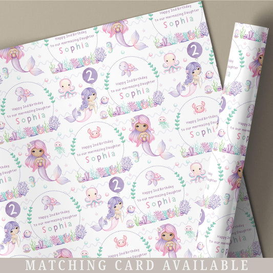 Mermaid Birthday Gift Wrapping Paper, Personalised Mermazing 2nd 3rd 4th Any Age Birthday Gift Wrap and Card, Daughter, Granddaughter, Girls