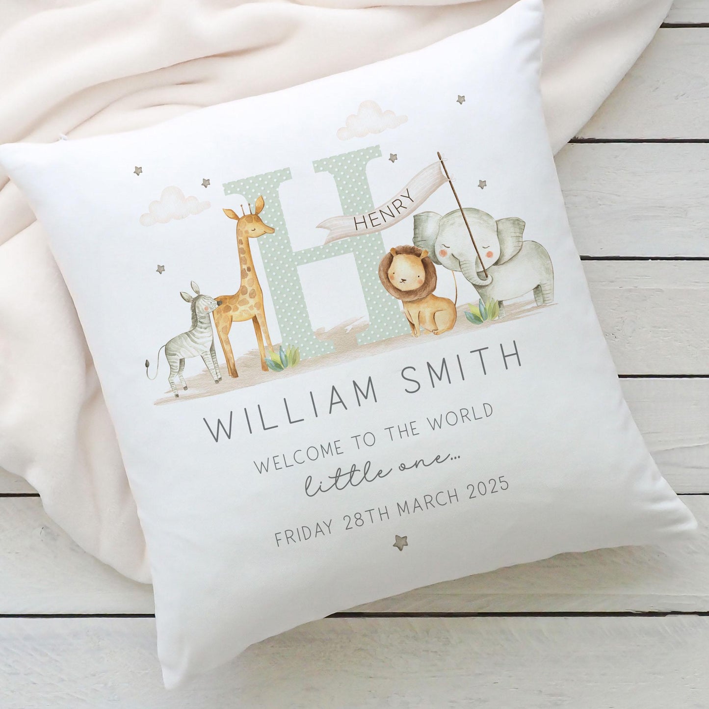 Personalised New Baby Cushion, New Baby Boy Gift, Welcome Baby Boy Gift, Safari Nursery Decor, Baby Boy Nursery Pillow, Safari Animals