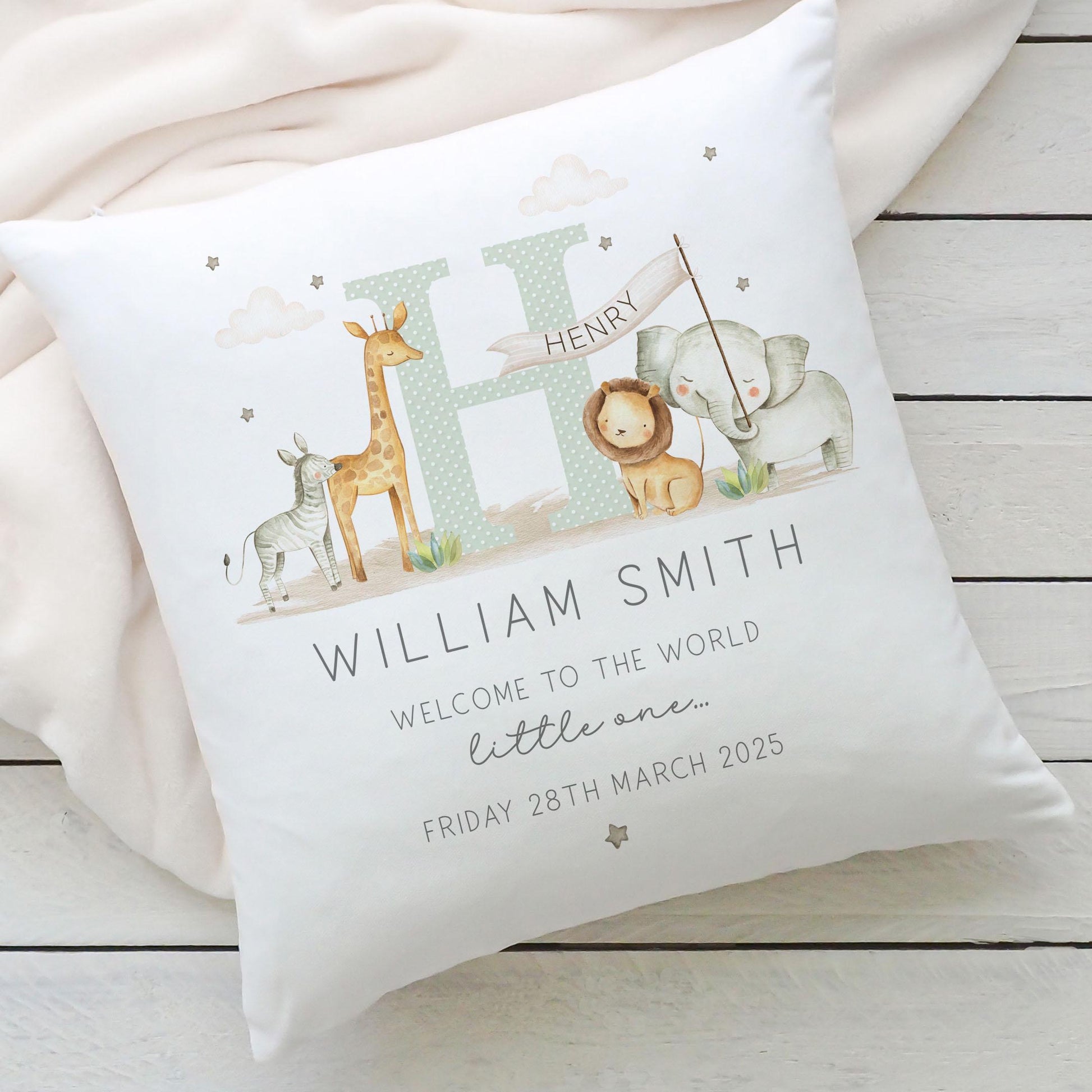 Personalised New Baby Cushion, New Baby Boy Gift, Welcome Baby Boy Gift, Safari Nursery Decor, Baby Boy Nursery Pillow, Safari Animals