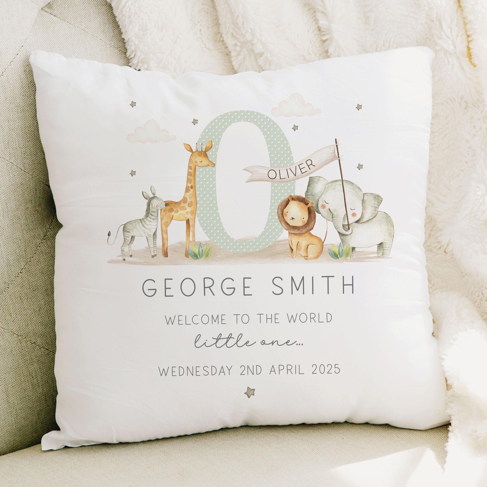 Personalised New Baby Cushion, New Baby Boy Gift, Welcome Baby Boy Gift, Safari Nursery Decor, Baby Boy Nursery Pillow, Safari Animals