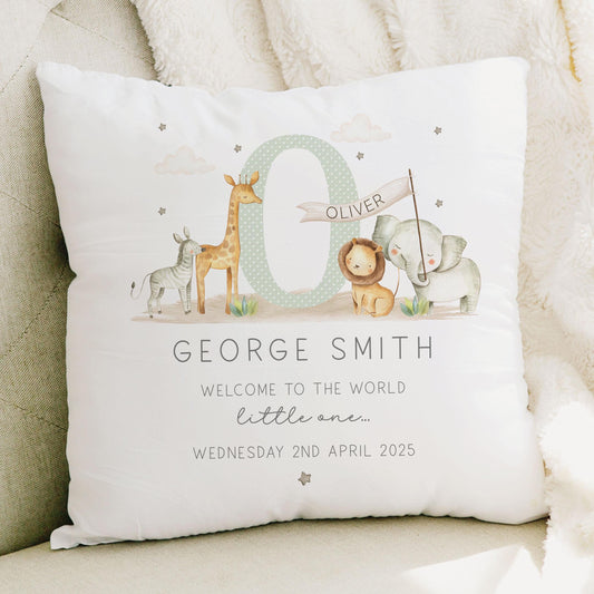 Personalised New Baby Cushion, New Baby Boy Gift, Welcome Baby Boy Gift, Safari Nursery Decor, Baby Boy Nursery Pillow, Safari Animals