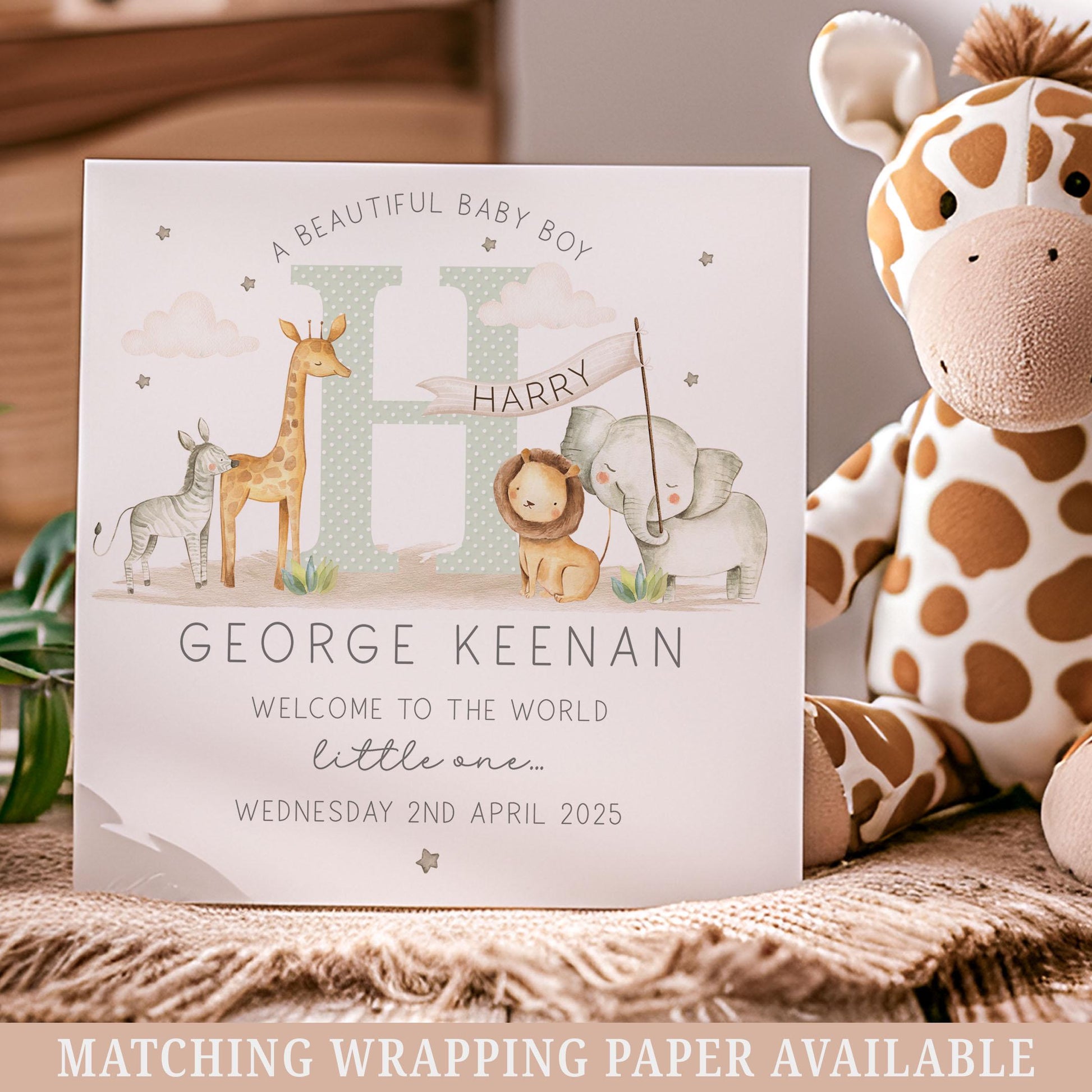 Personalised New Baby Cushion, New Baby Boy Gift, Welcome Baby Boy Gift, Safari Nursery Decor, Baby Boy Nursery Pillow, Safari Animals