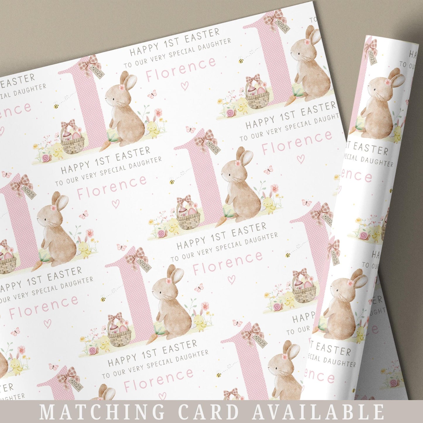 Girl's 1st Easter Gift Wrapping Paper, Personalised for Daughter, Granddaughter, Niece, Girls, Happy First Easter Gift Wrap, Cute Bunny Wrap