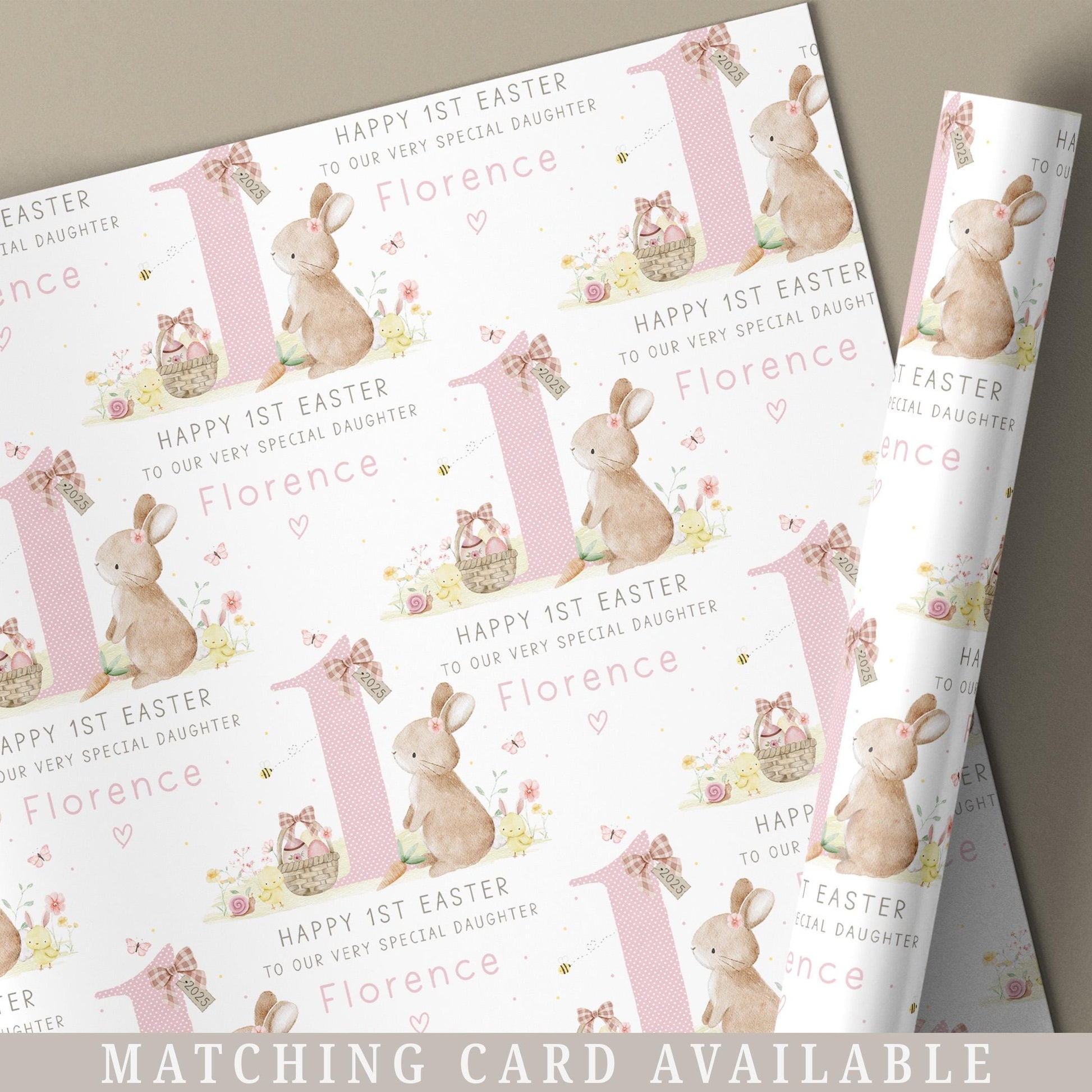 Girl's 1st Easter Gift Wrapping Paper, Personalised for Daughter, Granddaughter, Niece, Girls, Happy First Easter Gift Wrap, Cute Bunny Wrap