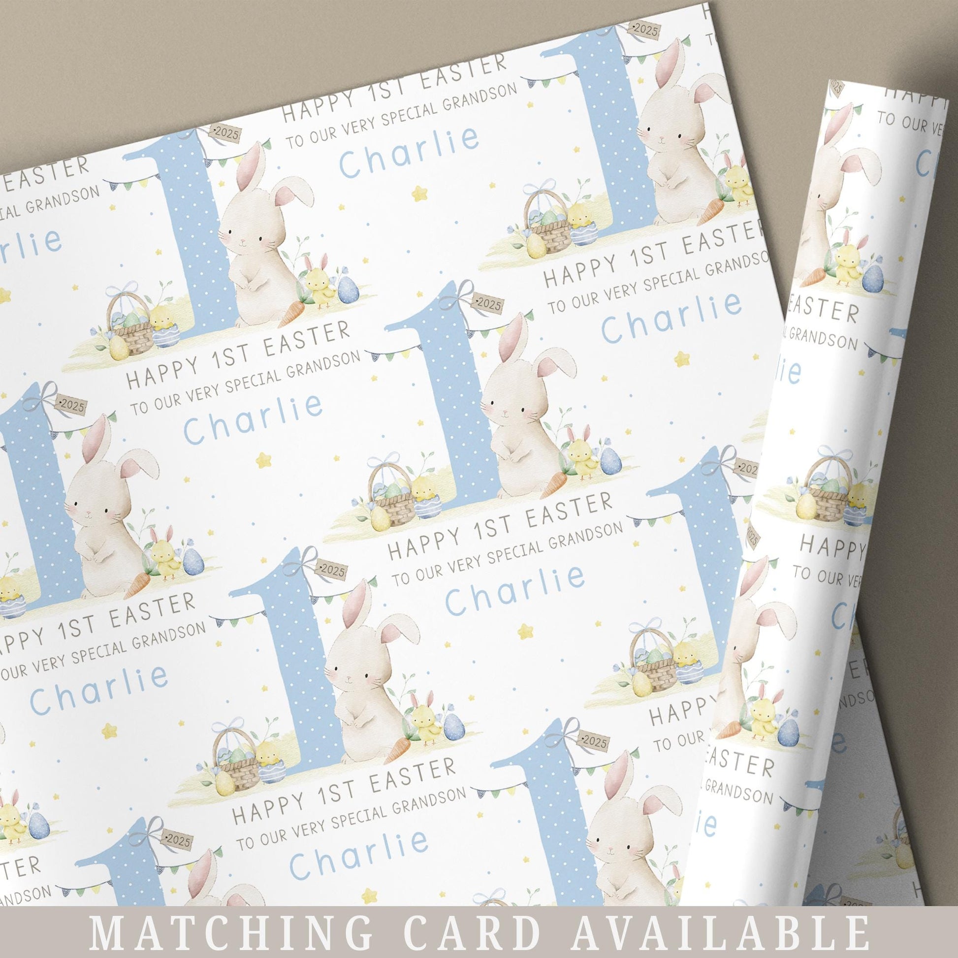 Boy's 1st Easter Gift Wrapping Paper, Personalised for Son, Grandson, Nephew, Boys, Happy First Easter Gift Wrap, Cute Easter Bunny Paper