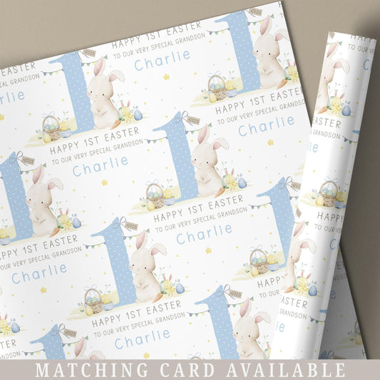 Boy's 1st Easter Gift Wrapping Paper, Personalised for Son, Grandson, Nephew, Boys, Happy First Easter Gift Wrap, Cute Easter Bunny Paper