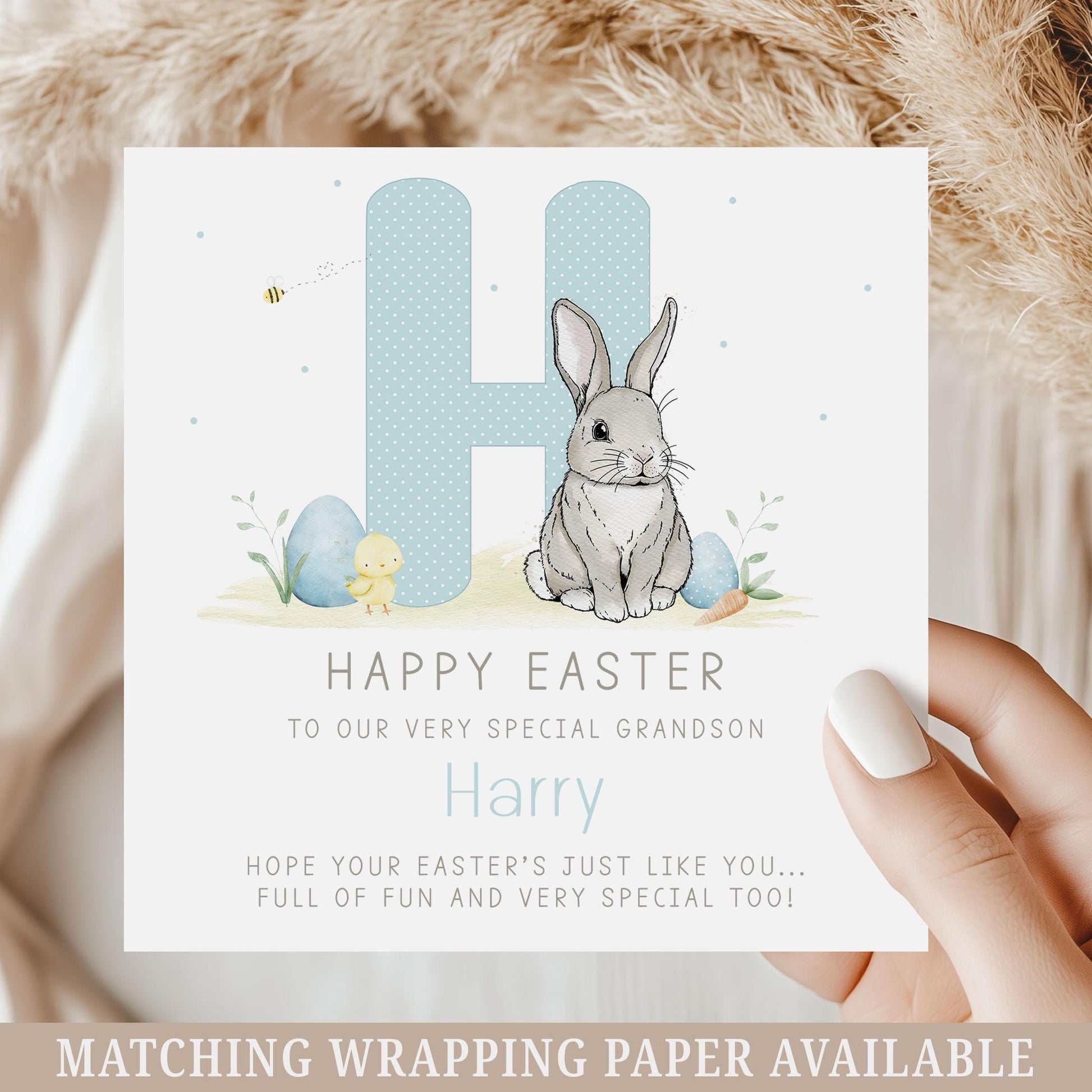 Boy's Easter Card, Personalised Happy Easter Card for Son, Grandson, Great Grandson, Nephew, for Boys, Easter Bunny Card and Gift Wrap