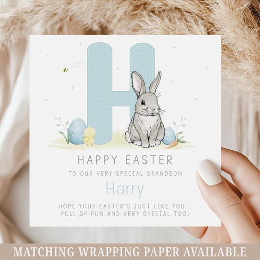 Boy's Easter Card, Personalised Happy Easter Card for Son, Grandson, Great Grandson, Nephew, for Boys, Easter Bunny Card and Gift Wrap