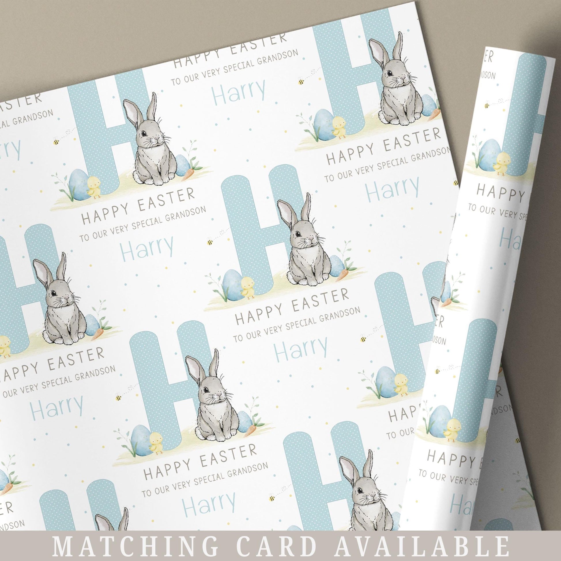 Boy's Easter Gift Wrapping Paper, Personalised Easter Gift Wrap for Son, Grandson, Great Grandson, Nephew, Happy Easter Cute Bunny Gift Wrap