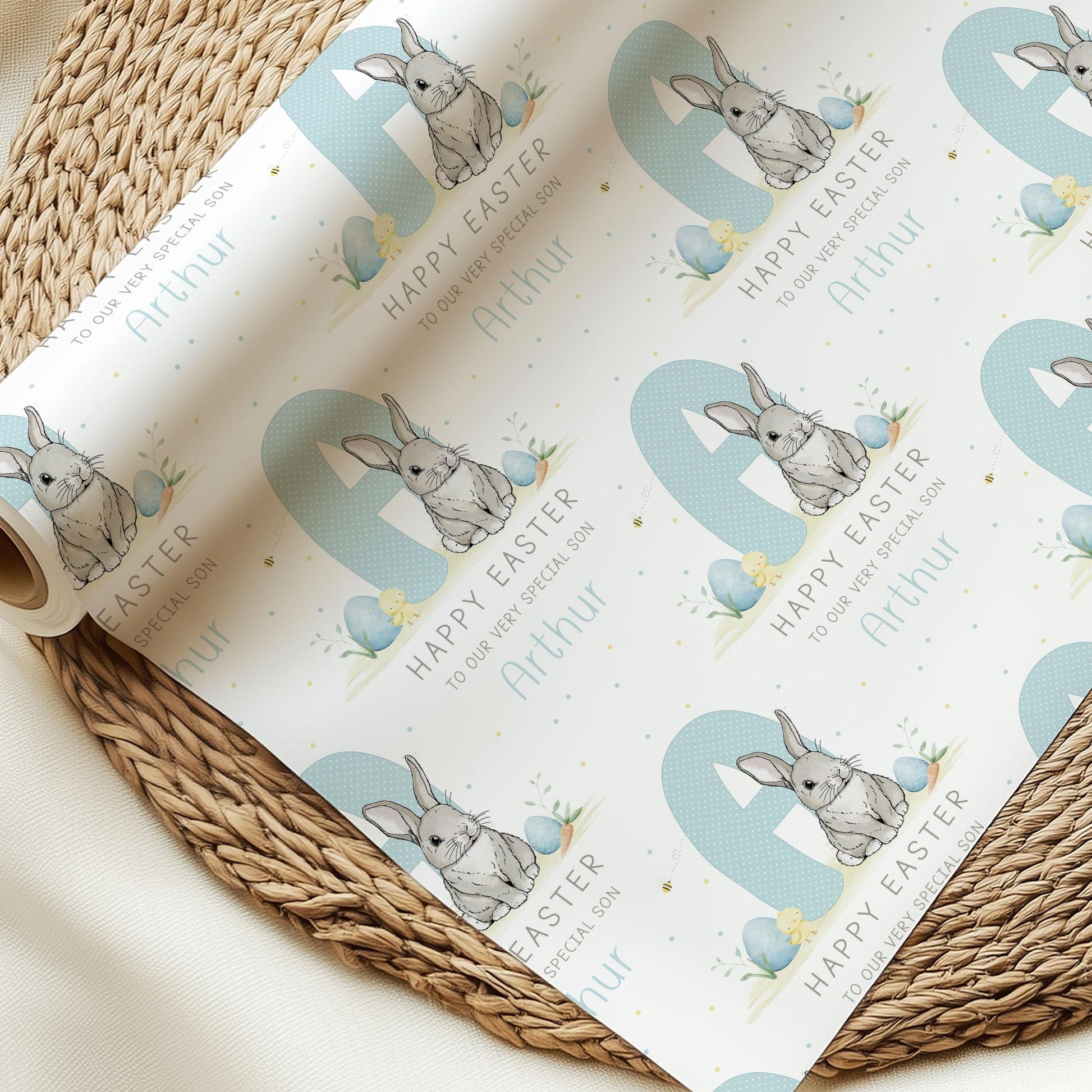 Boy's Easter Gift Wrapping Paper, Personalised Easter Gift Wrap for Son, Grandson, Great Grandson, Nephew, Happy Easter Cute Bunny Gift Wrap