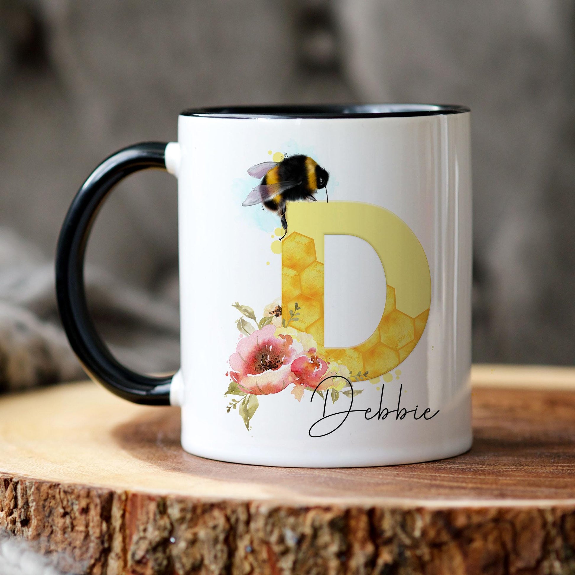 Personalised Bee Initial Mug, Tea Coffee Bee Mug Gift, Choice of Mug Colours, Bee Alphabet Mug, Gift for Bee Keeper, for Friend, for Teacher
