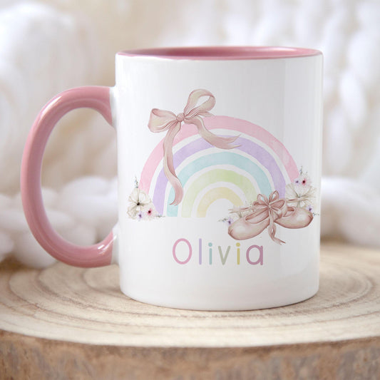 Personalised Ballet Mug, Gift for Ballerina, Pink or Purple Ballet Shoes & Rainbow Mug, Gift for Girls, Birthday Gift, Stocking Filler