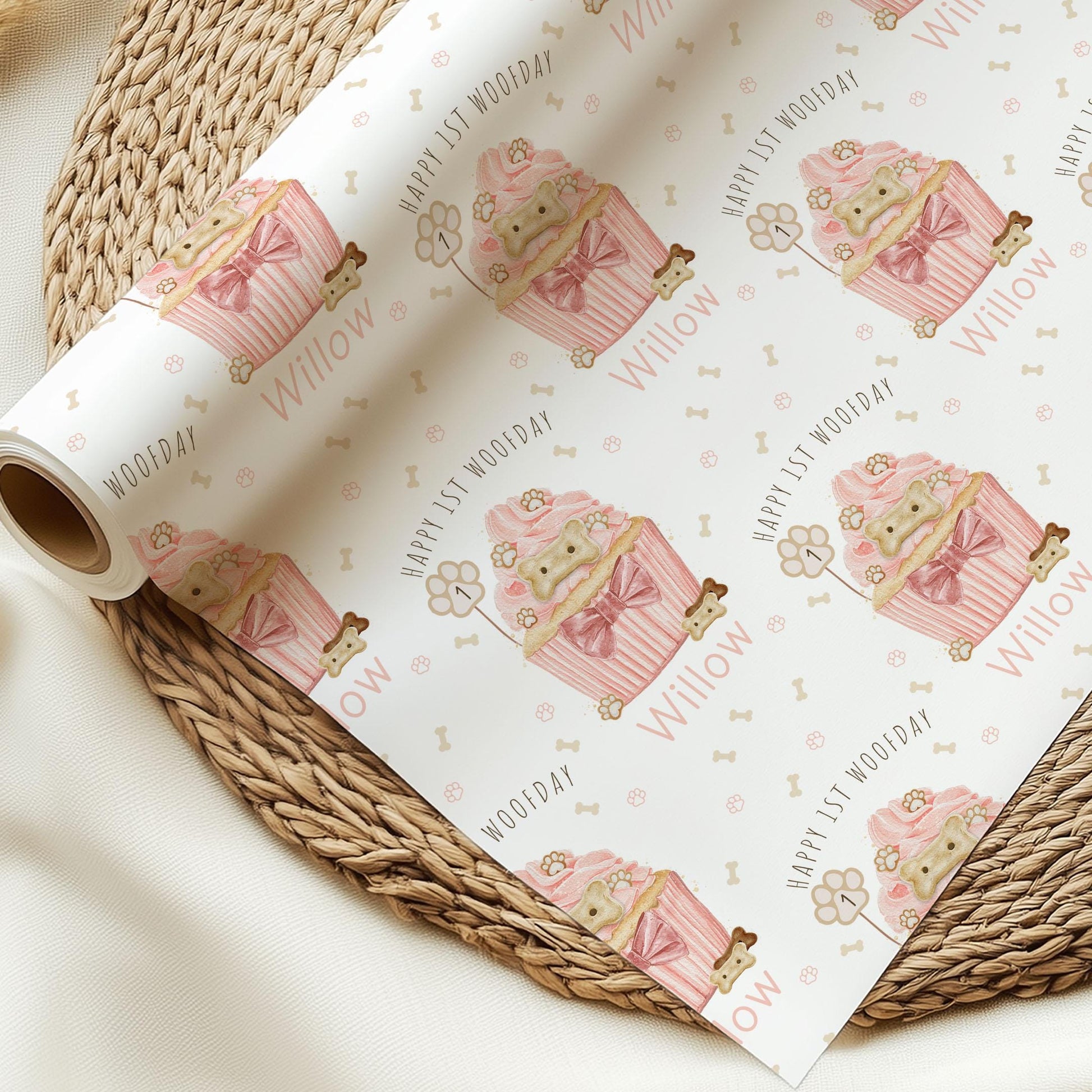 Dog Birthday Gift Wrapping Paper, Personalised Happy Woofday Gift Wrap for the Dog, Pink or Blue Pupcake Pet Birthday Gift Wrap for Any Age