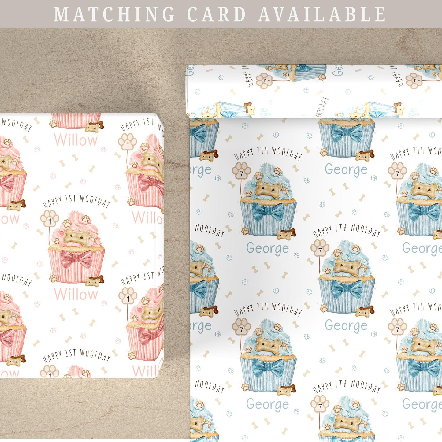 Dog Birthday Gift Wrapping Paper, Personalised Happy Woofday Gift Wrap for the Dog, Pink or Blue Pupcake Pet Birthday Gift Wrap for Any Age